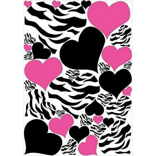 HEARTS hot pink & black zebra print wall stickers 25 big decals animal love teen